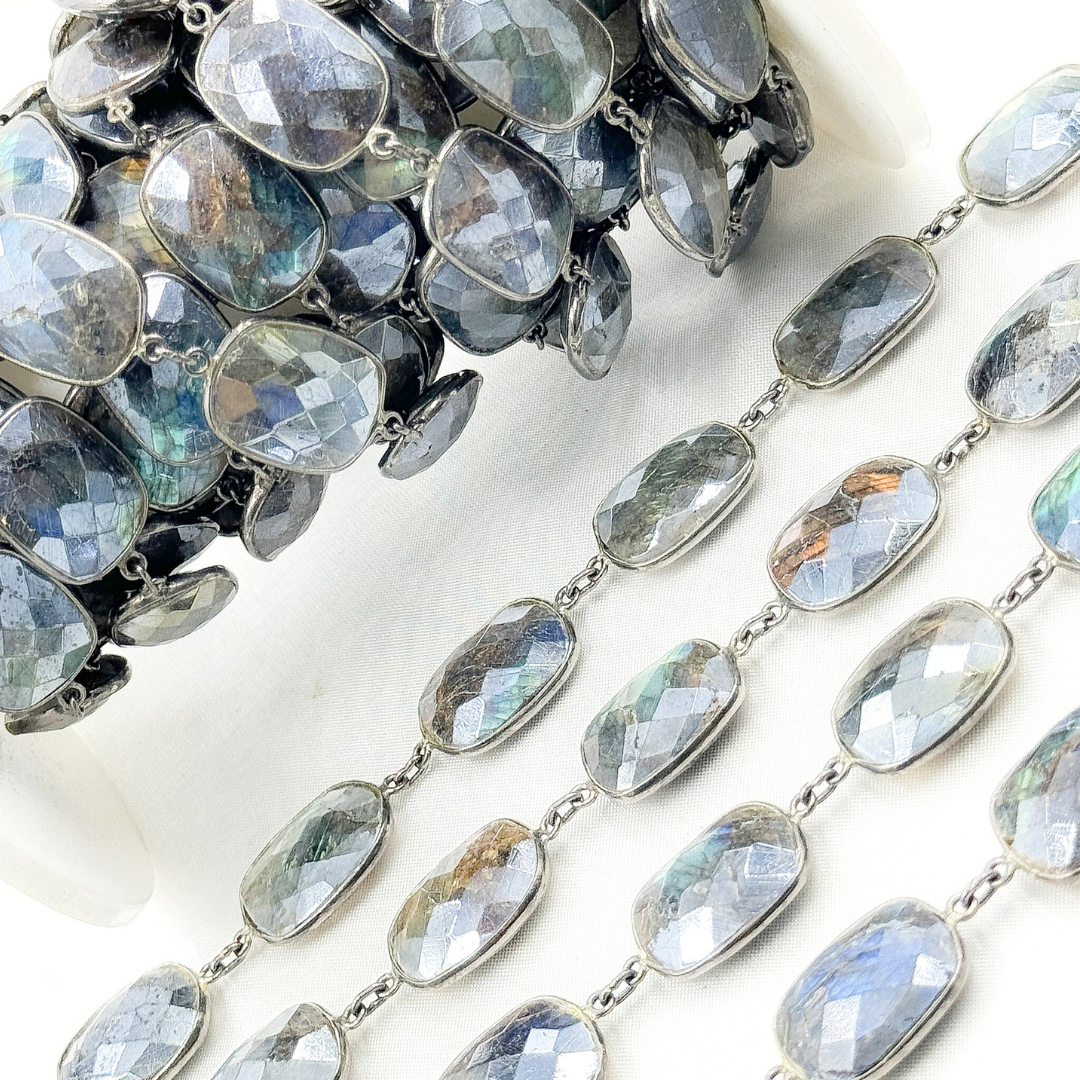 Coated Labradorite Rectangle Shape Bezel Oxidized Wire Chain