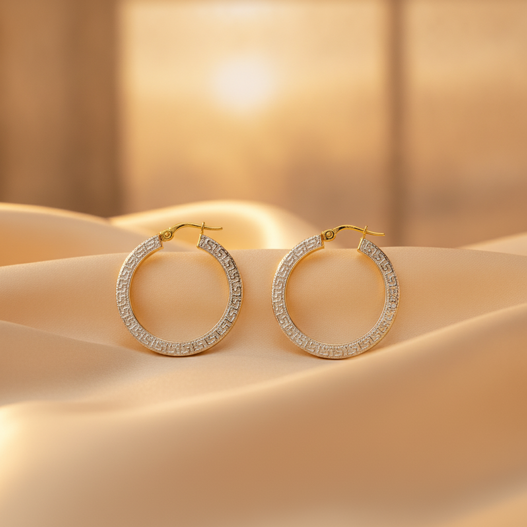 GER40. 14K Yellow and White Gold Earrings Round Shape Hoop with Texture