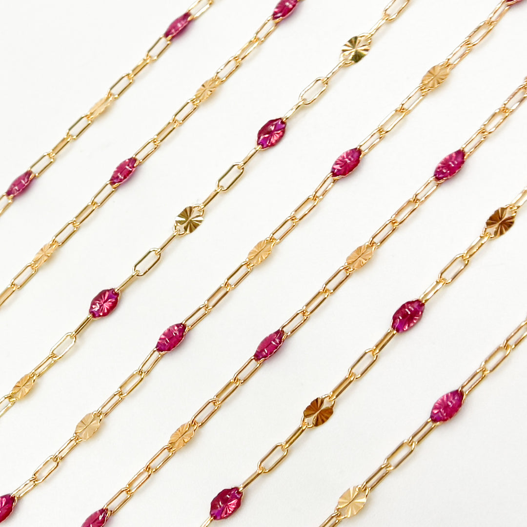 V295WNGF. 14K Gold Filled Wine Color Enamel with Paperclip and Diamond Cut Marina Links