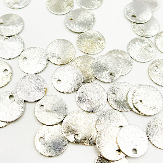 10MM White Sterling Silver Brushed Round Flat Disc Charm with a Single Hole