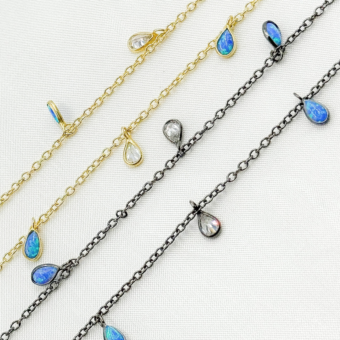 Created Blue Opal & CZ Tear Drop Shape Dangle Chain.