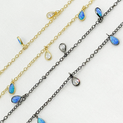 Created Blue Opal & CZ Tear Drop Shape Dangle Chain.