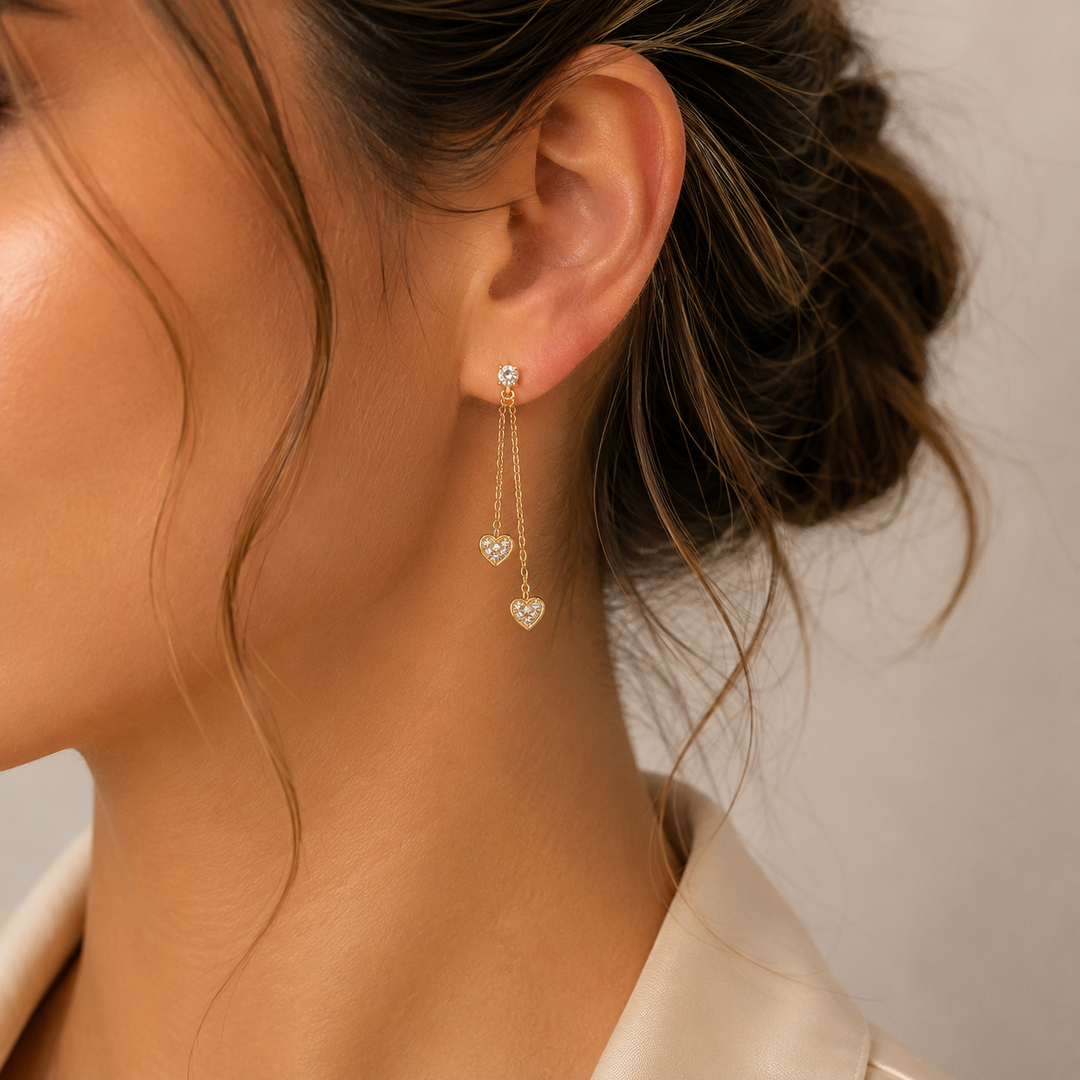 EFB51702. 14K Solid Gold and Diamonds Hearts Dangle Earrings