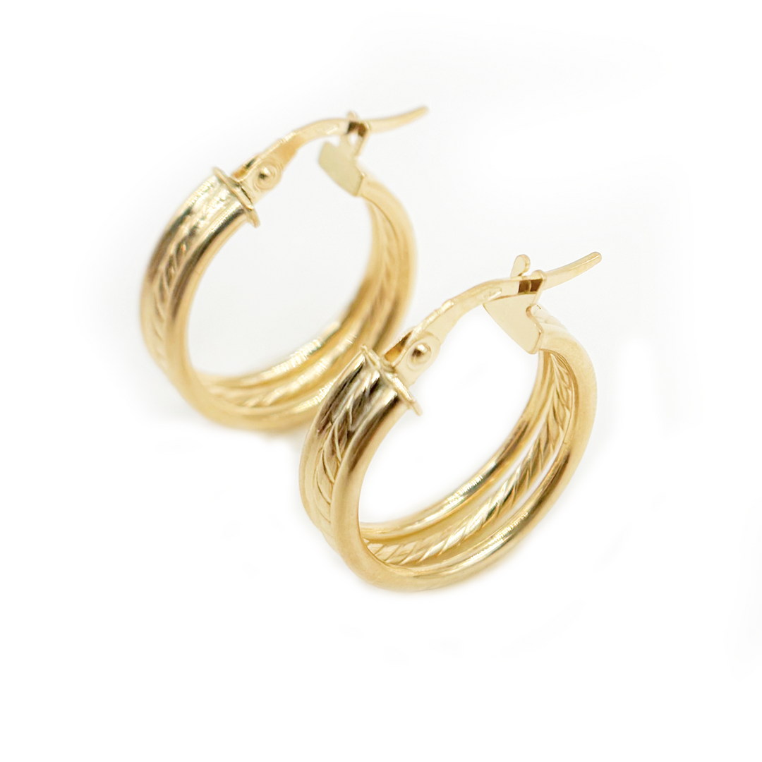 15850017958. 14K Solid Gold Smooth and Textured Triple Line Hollow Hoop Earrings