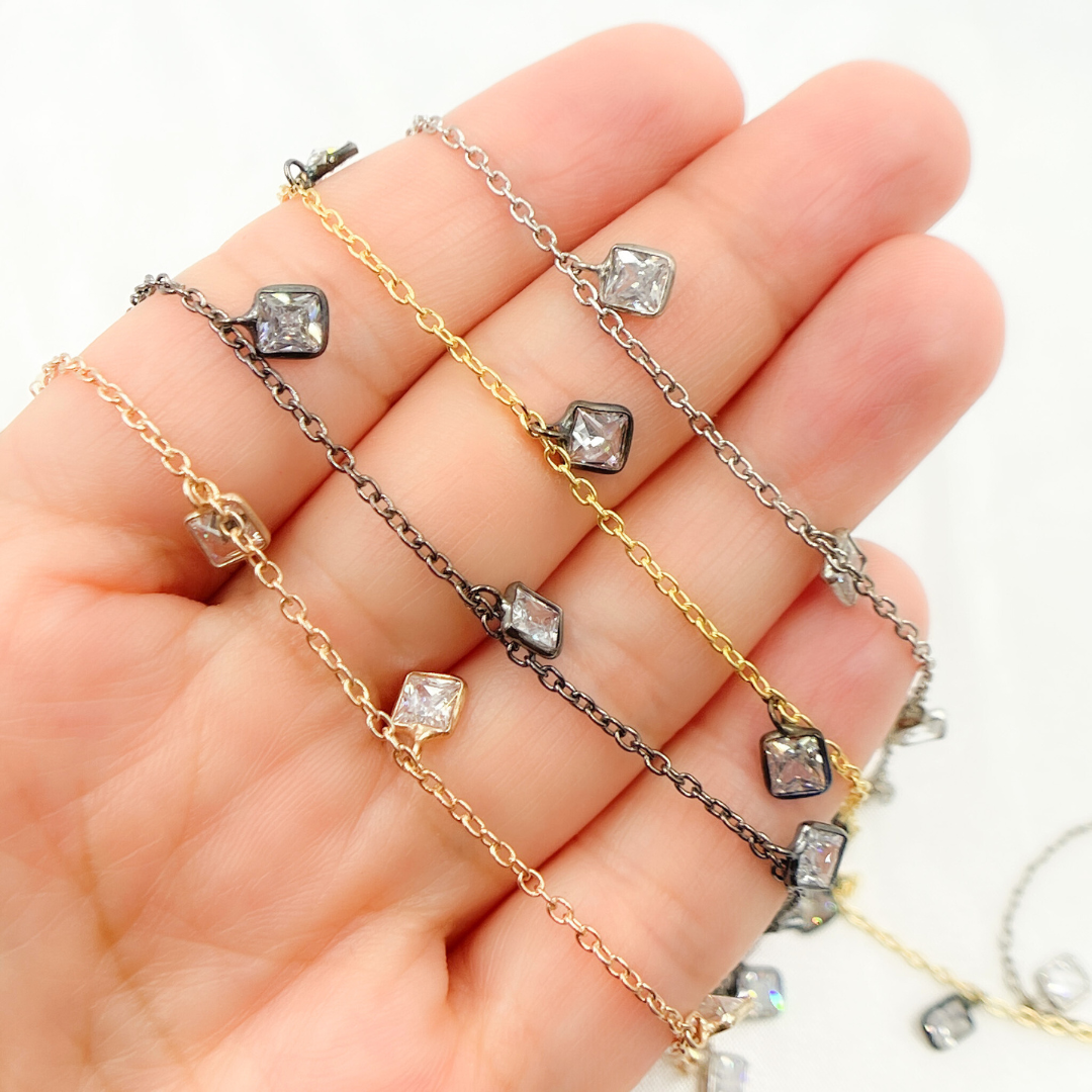 CZ2. 4mm Cubic Zirconia Square Shape Dangle Chain