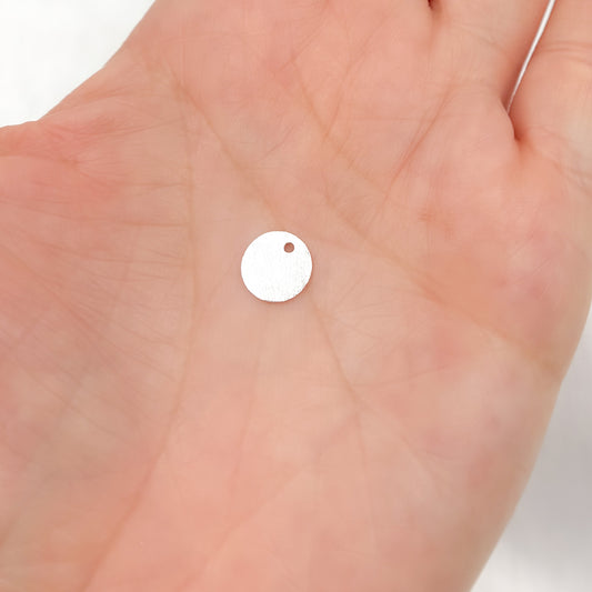 8MM White Sterling Silver Brushed Round Flat Disc Charm with a Single Hole