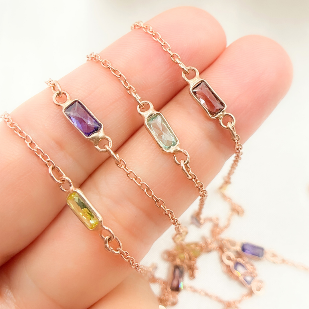 Multi Color Cubic Zirconia Rectangular Shape Connected Chain