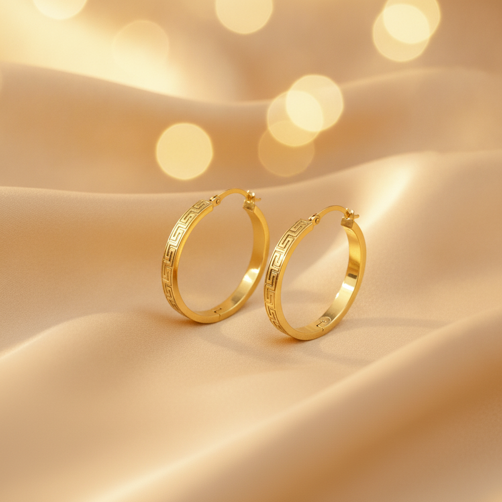 GER57. 14K Gold Hollow Flat Round Hoop Earrings with Texture
