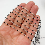 BSP24SS. Black Spinel 925 Sterling Silver Wire Wrap Chain