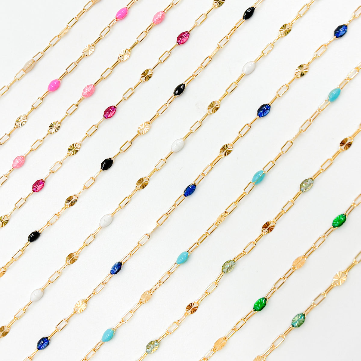V295RSGF. 14K Gold Filled Rose Color Enamel with Paperclip and Diamond Cut Marina Links