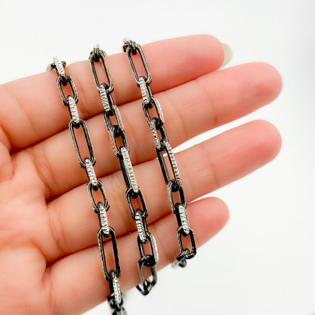 Z119SBDC. Black Rhodium and White Sterling Silver Paperclip Diamond Cut Cable Chain