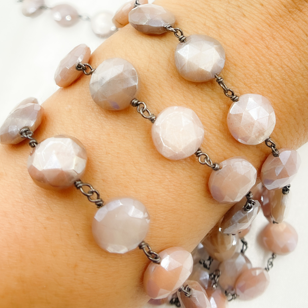 Coated Taupe Coin Shape Moonstone Oxidized 925 Sterling Silver Wire Chain.