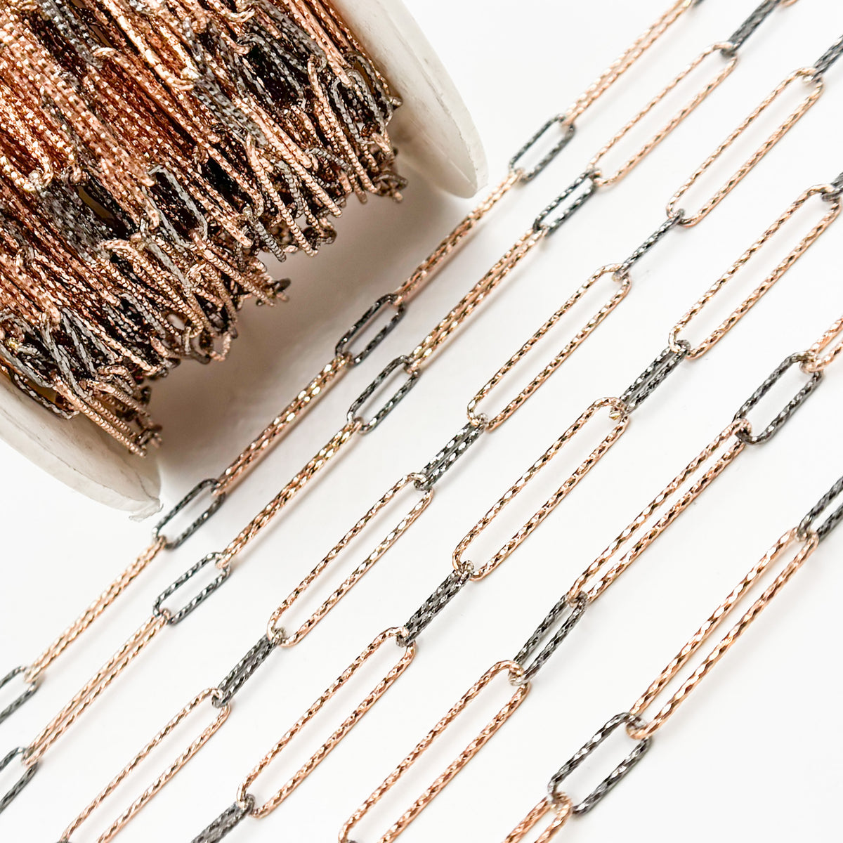 Sterling Silver Diamond Cut Long Rose Gold Plated & Short Black Rhodium Paperclip Chain
