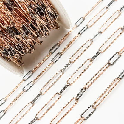 Sterling Silver Diamond Cut Long Rose Gold Plated & Short Black Rhodium Paperclip Chain