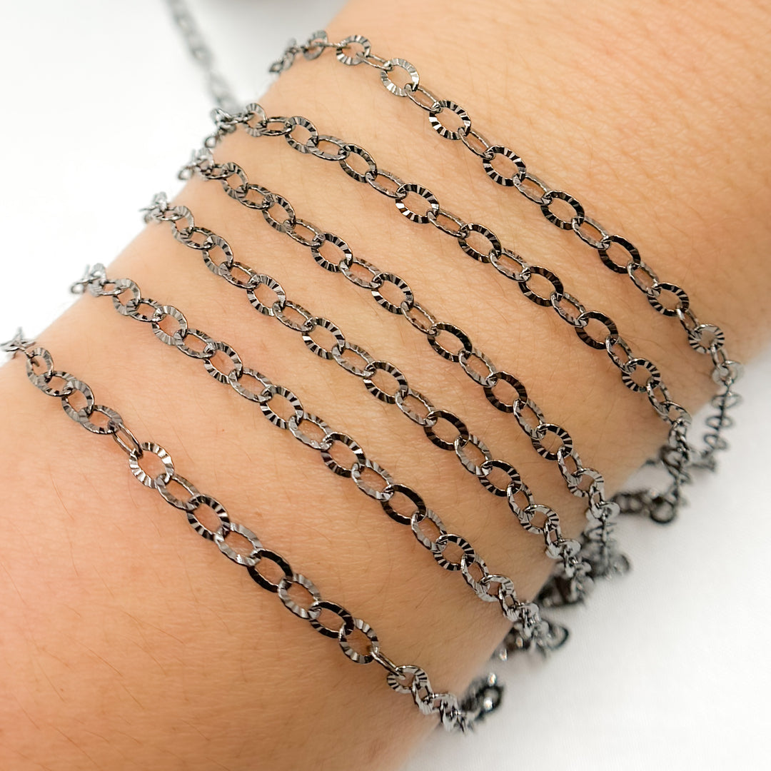 V188BR. Black Rhodium Sterling Silver Diamond Cut Cable Chain