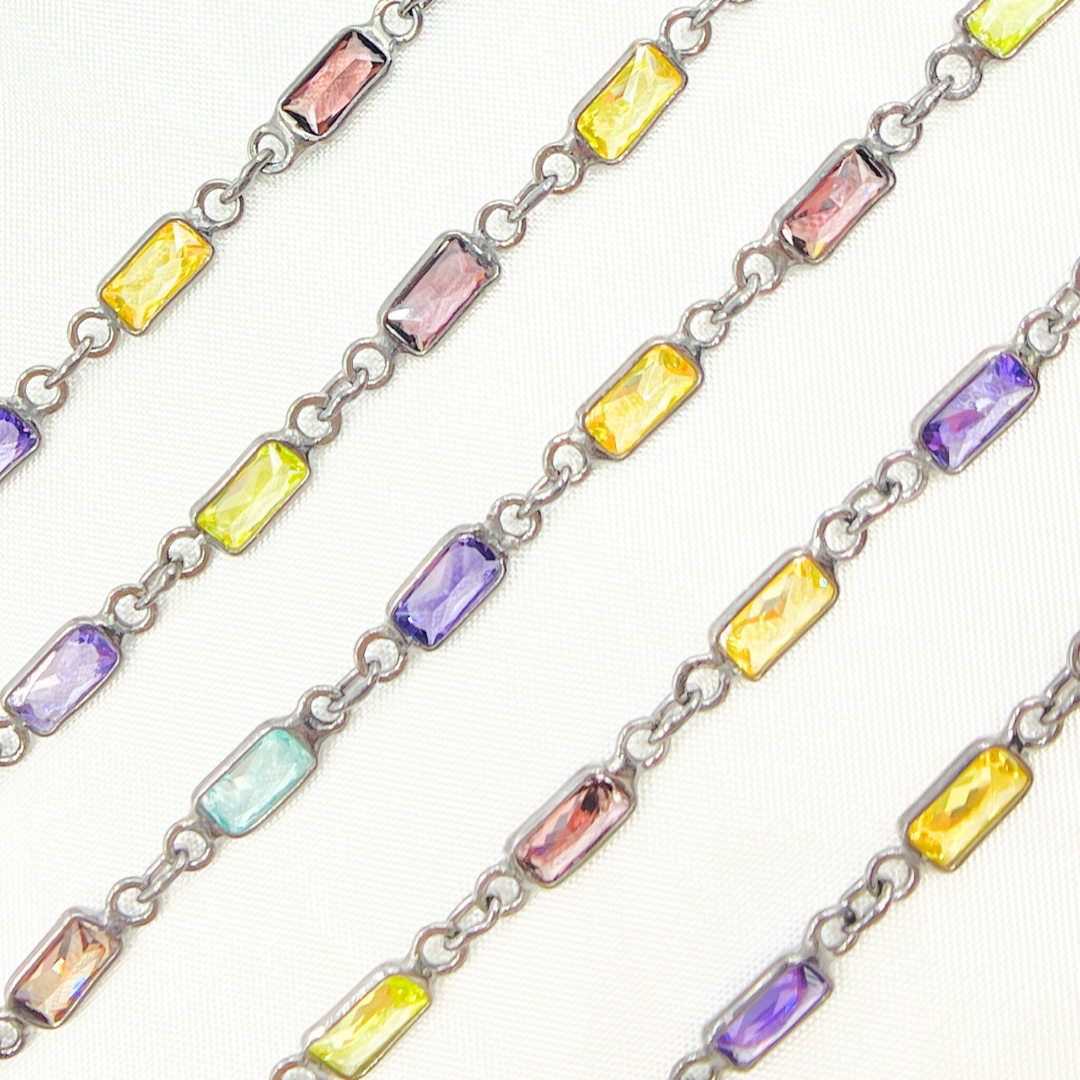 Multi Color Cubic Zirconia Rectangular Shape Connected Chain