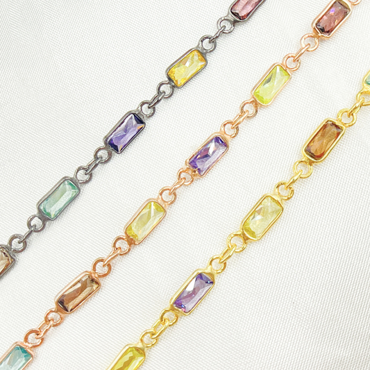 Multi Color Cubic Zirconia Rectangular Shape Connected Chain