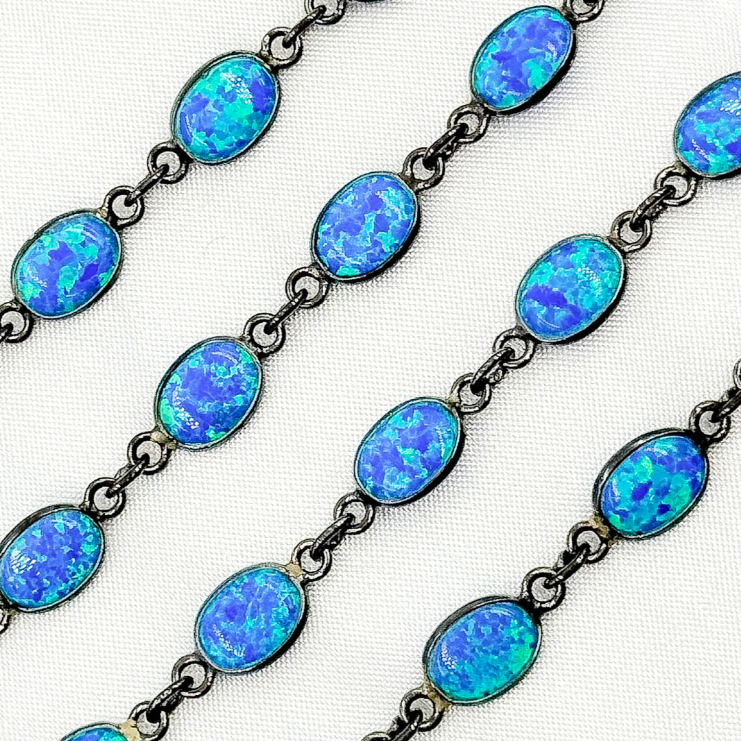 Created Blue Opal Oval Shape Connected Chain.