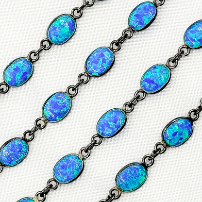 Created Blue Opal Oval Shape Connected Chain.