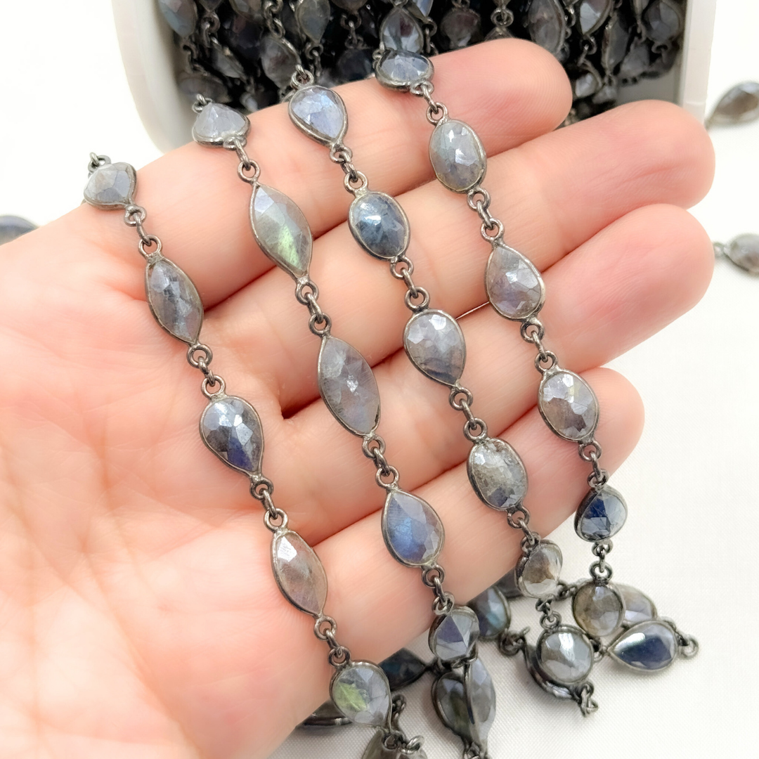 Coated Labradorite Cut Pear Shape Bezel Oxidized Wire Chain. CLB12