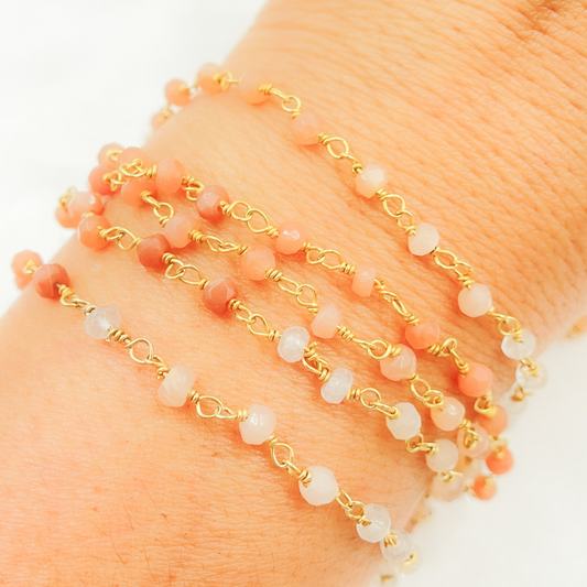 Multi Moonstone Shaded Peach Organic Shape Wire Wrap Chain