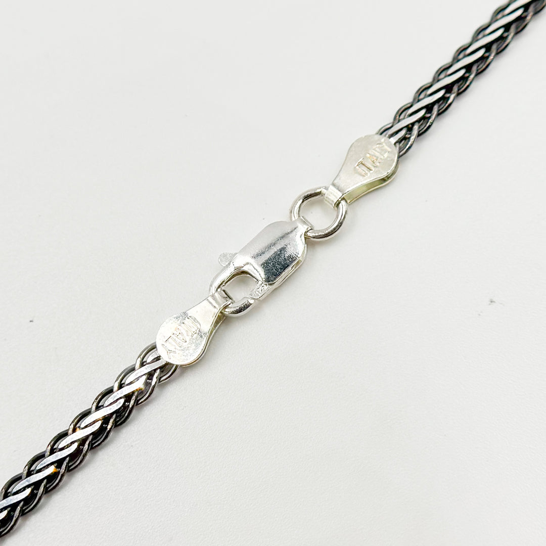 0502213SB. Black Rhodium and White Sterling Silver Flat Wheat Necklace