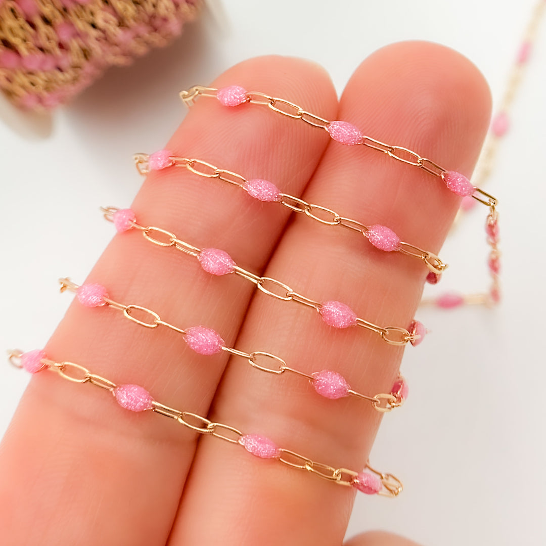 Gold Filled Pink Color Opal Enamel Cable Chain