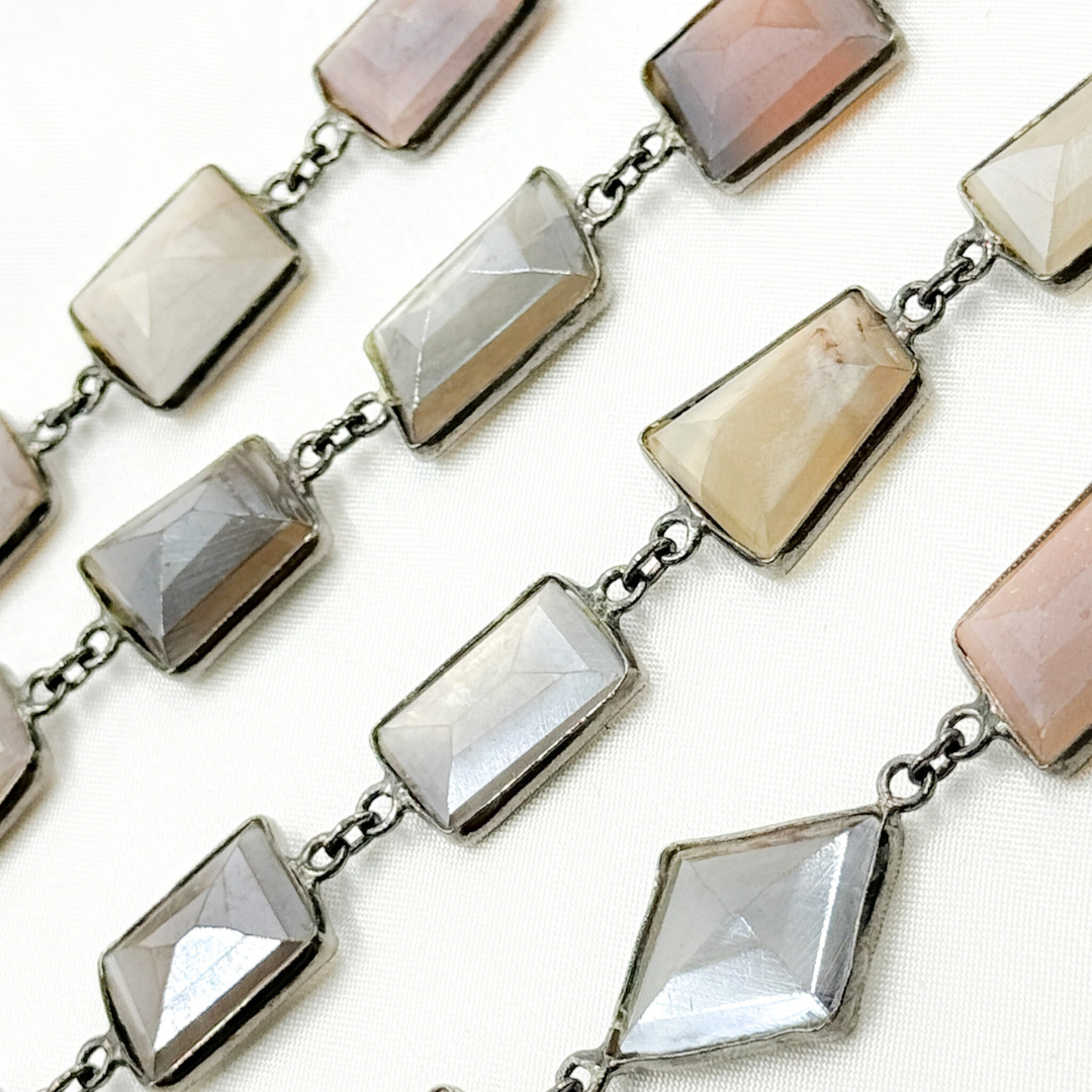 Coated Multi Moonstone Organic Shape Bezel Oxidized Wire Chain