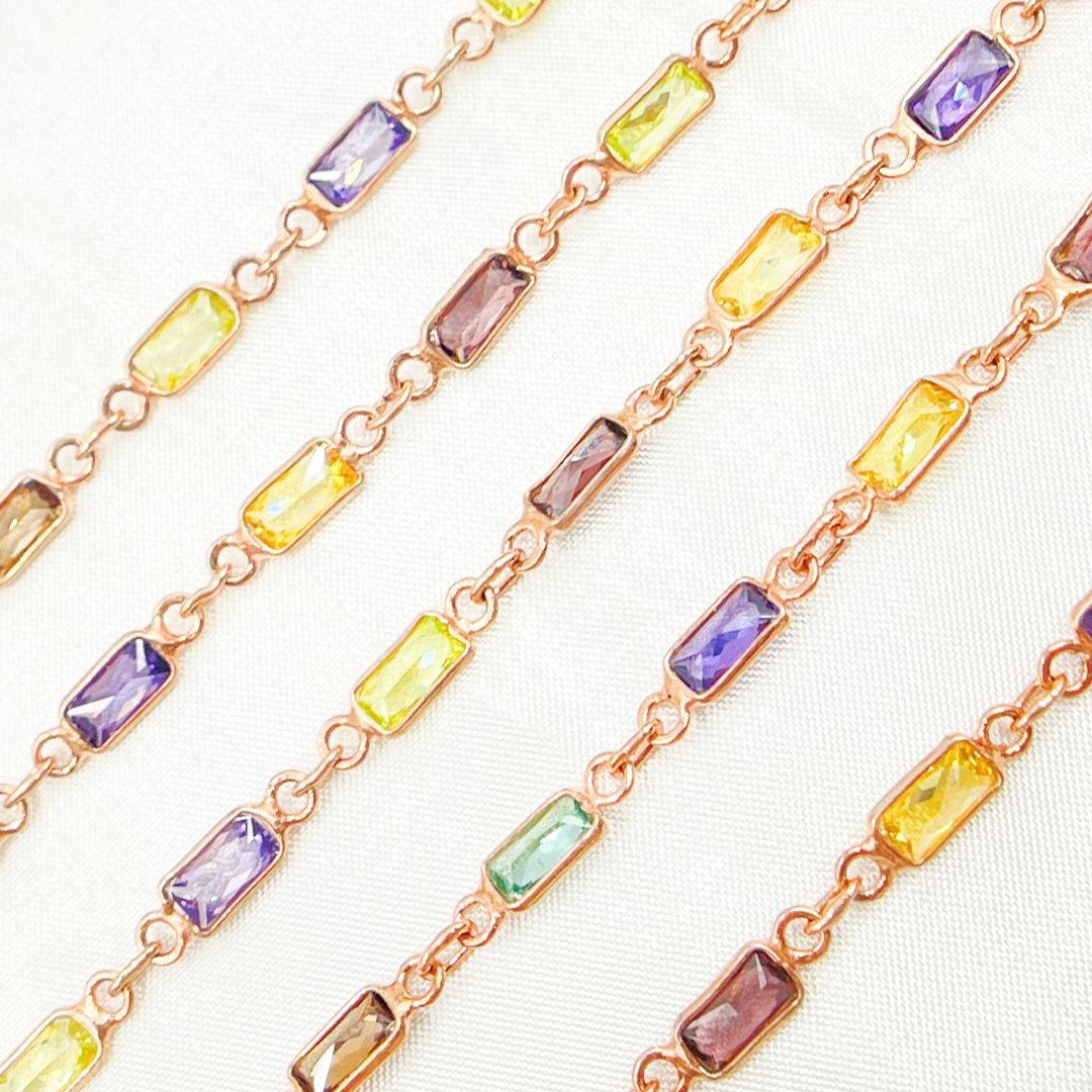 Multi Color Cubic Zirconia Rectangular Shape Connected Chain