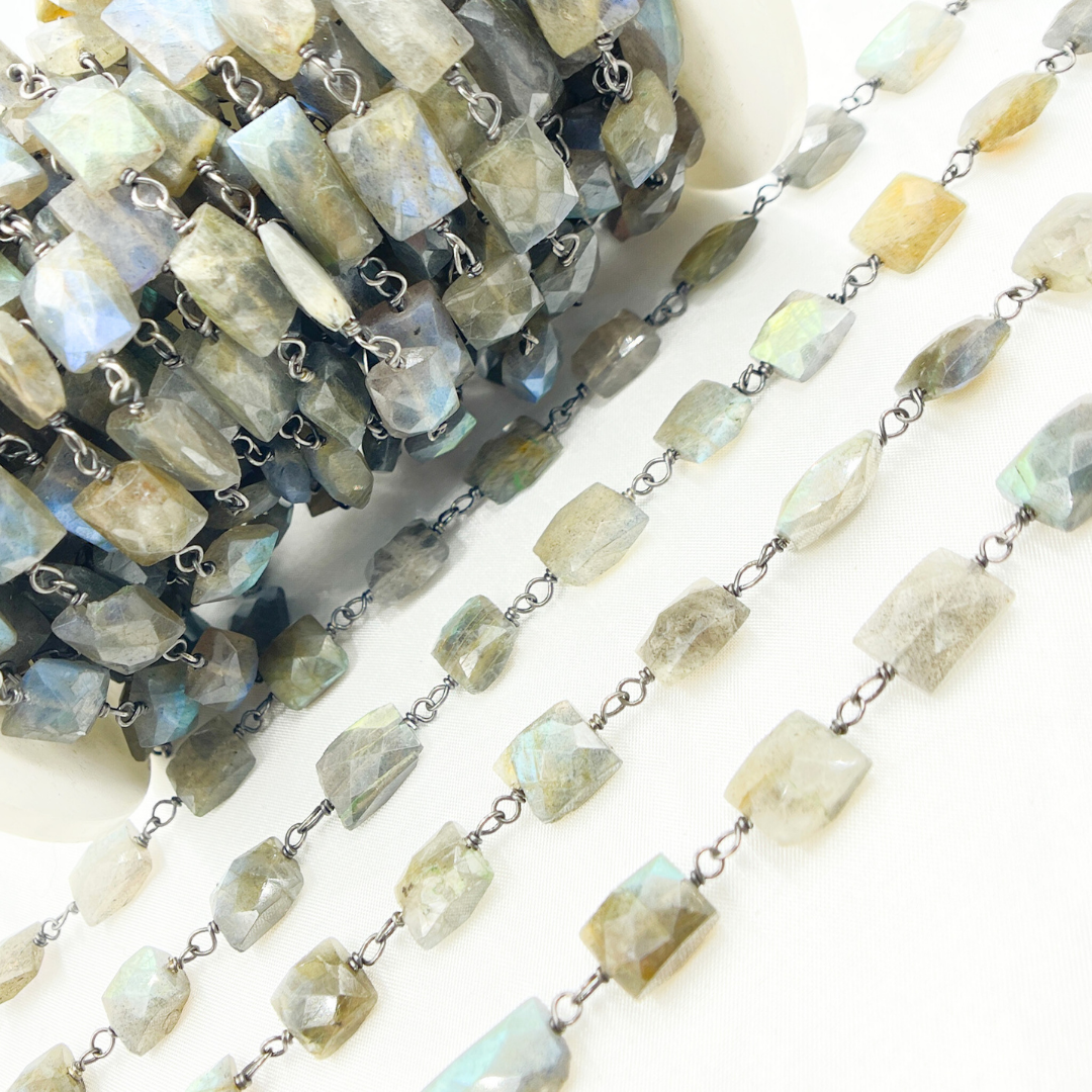 Labradorite Rectangular Shape Oxidized Wire Chain.