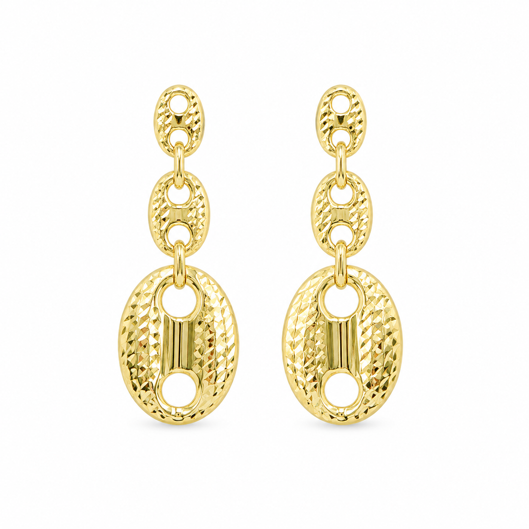 GER86. 14K Solid Gold Puffed Mariner Diamond Cut Link Earrings