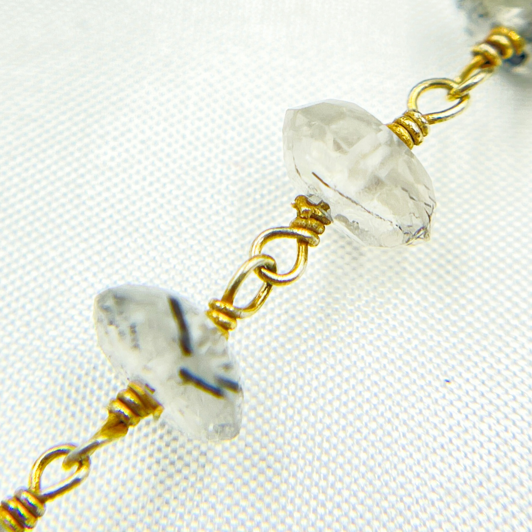 Black Rutile Roundel Shape Faceted Gold Plated Wire Chain.