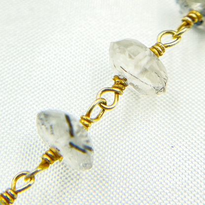 Black Rutile Roundel Shape Faceted Gold Plated Wire Chain.