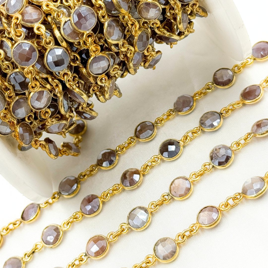Coated Chocolate Moonstone Round Shape Bezel Gold Plated Wire Chain.