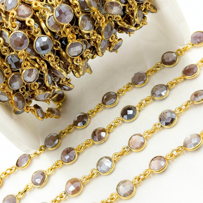 Coated Chocolate Moonstone Round Shape Bezel Gold Plated Wire Chain.