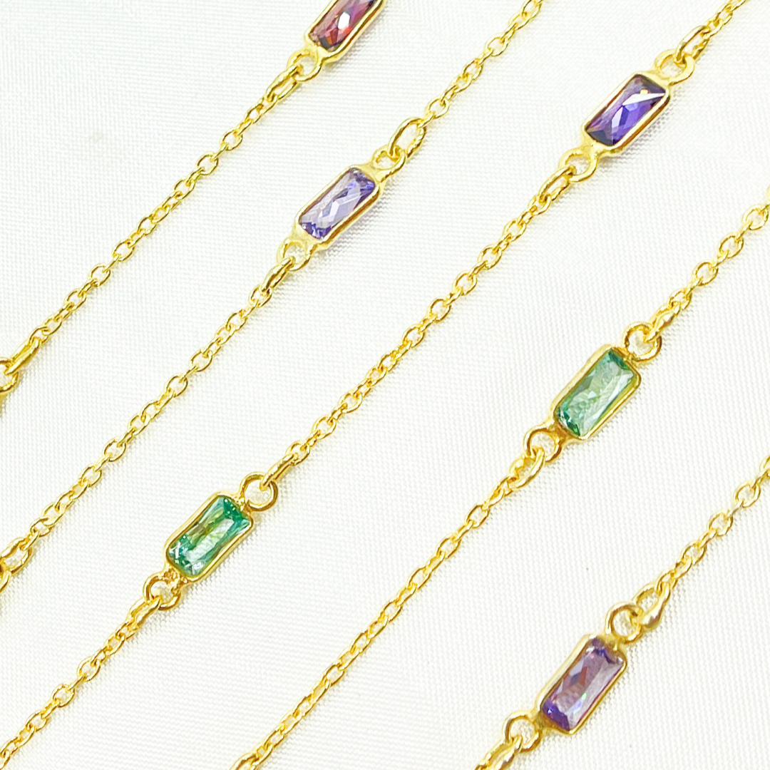 Multi Color Cubic Zirconia Rectangular Shape Connected Chain