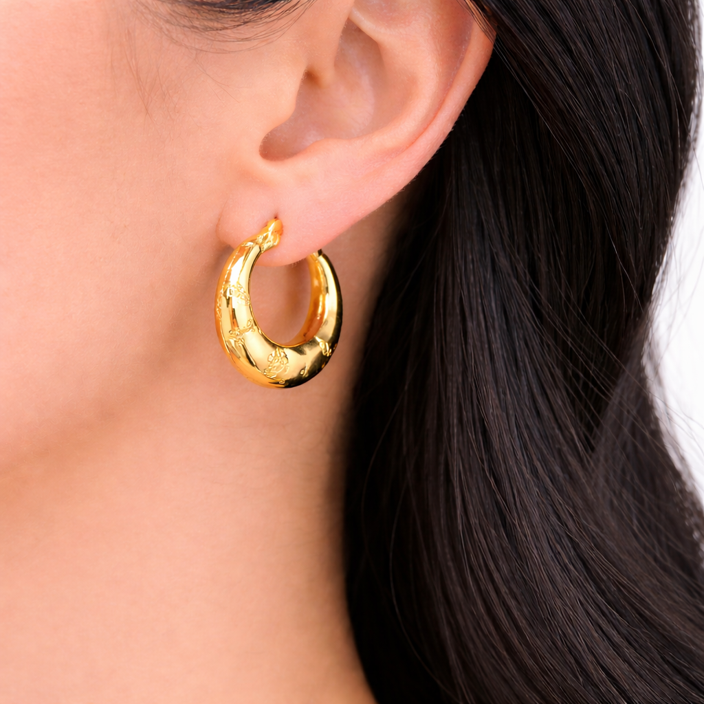 GER147. 14K Gold Chunky Flower Engraved Hollow Hoop
