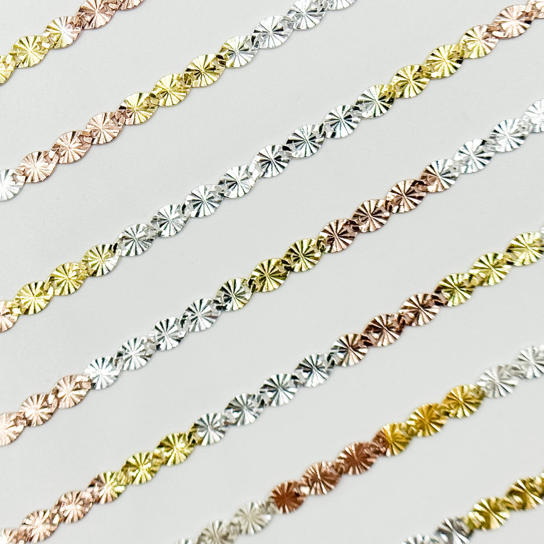 Z120GSR. White Silver, Gold Plated, and Rose Gold Plated Silver Diamond Cut Marina Chain