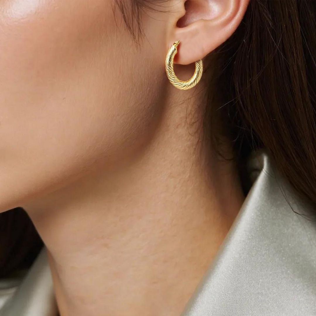 15850019965. 14K Solid Gold Fancy Ribbed Hollow Hoop Earrings