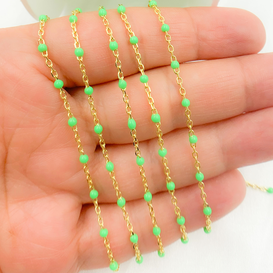 Gold Plated Sterling Silver Enamel Green Color Cable Chain