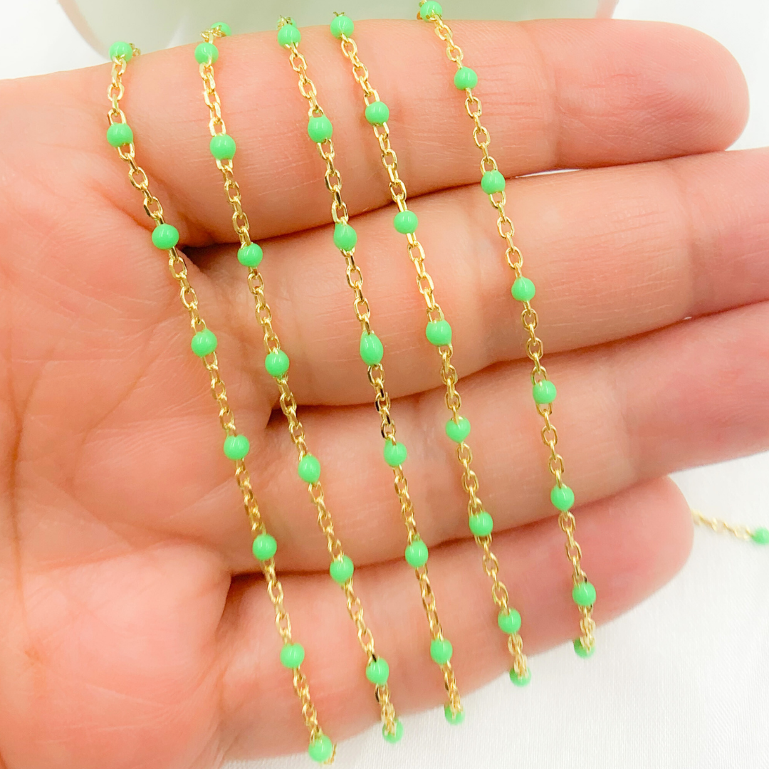 925 Sterling Silver Gold Plated Enamel Green Color Cable Chain. V203GRGP