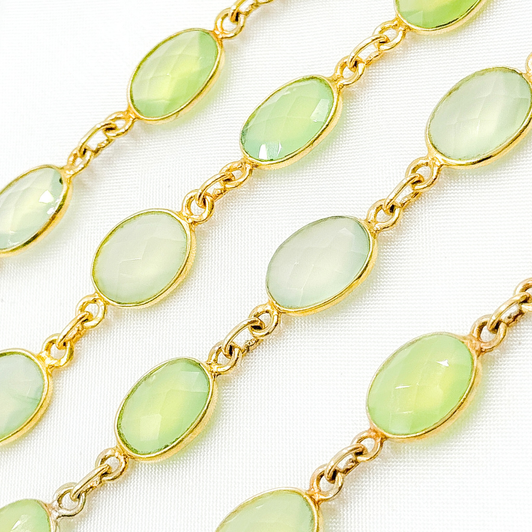 PR2. Prehnite Oval Shape Bezel Gold Plated 925 Sterling Silver Wire Chain