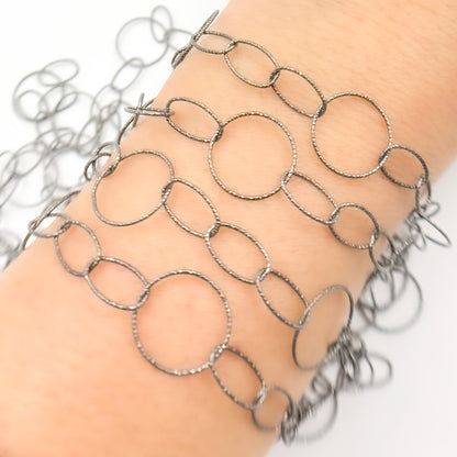 Black Rhodium Sterling Silver Diamond Cut Round and Oval Link Chain