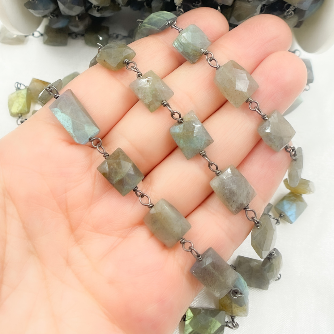 Labradorite Rectangular Shape Oxidized Wire Chain. LAB98