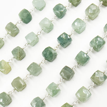 Milky Aquamarine Cube Faceted Sterling Silver Wire Chain