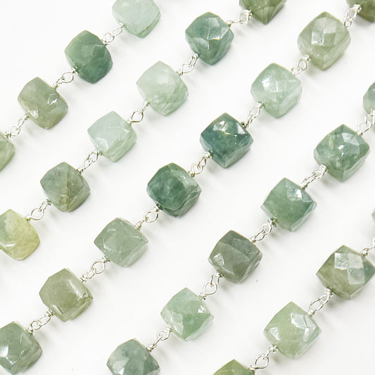 Milky Aquamarine Cube Faceted Sterling Silver Wire Chain