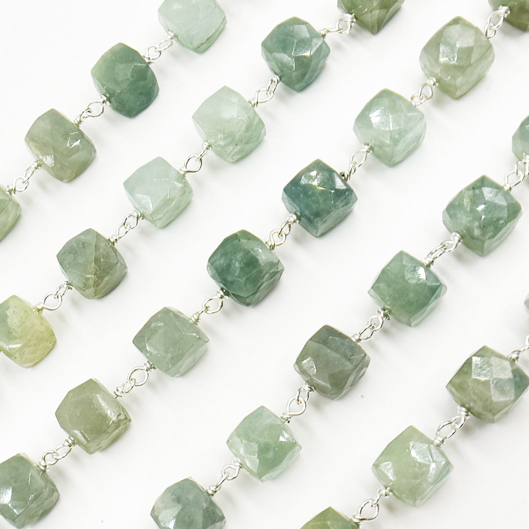 AQU33. Milky Aquamarine Cube Faceted Sterling Silver Wire Chain