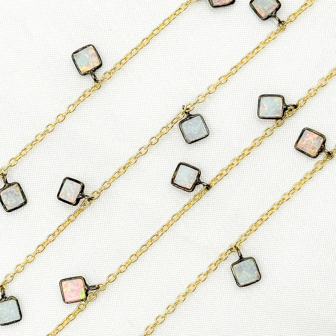Created White Opal Square Shape Dangle Wire Chain