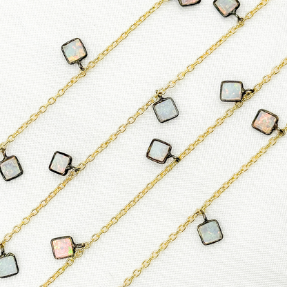 Created White Opal Square Shape Dangle Wire Chain
