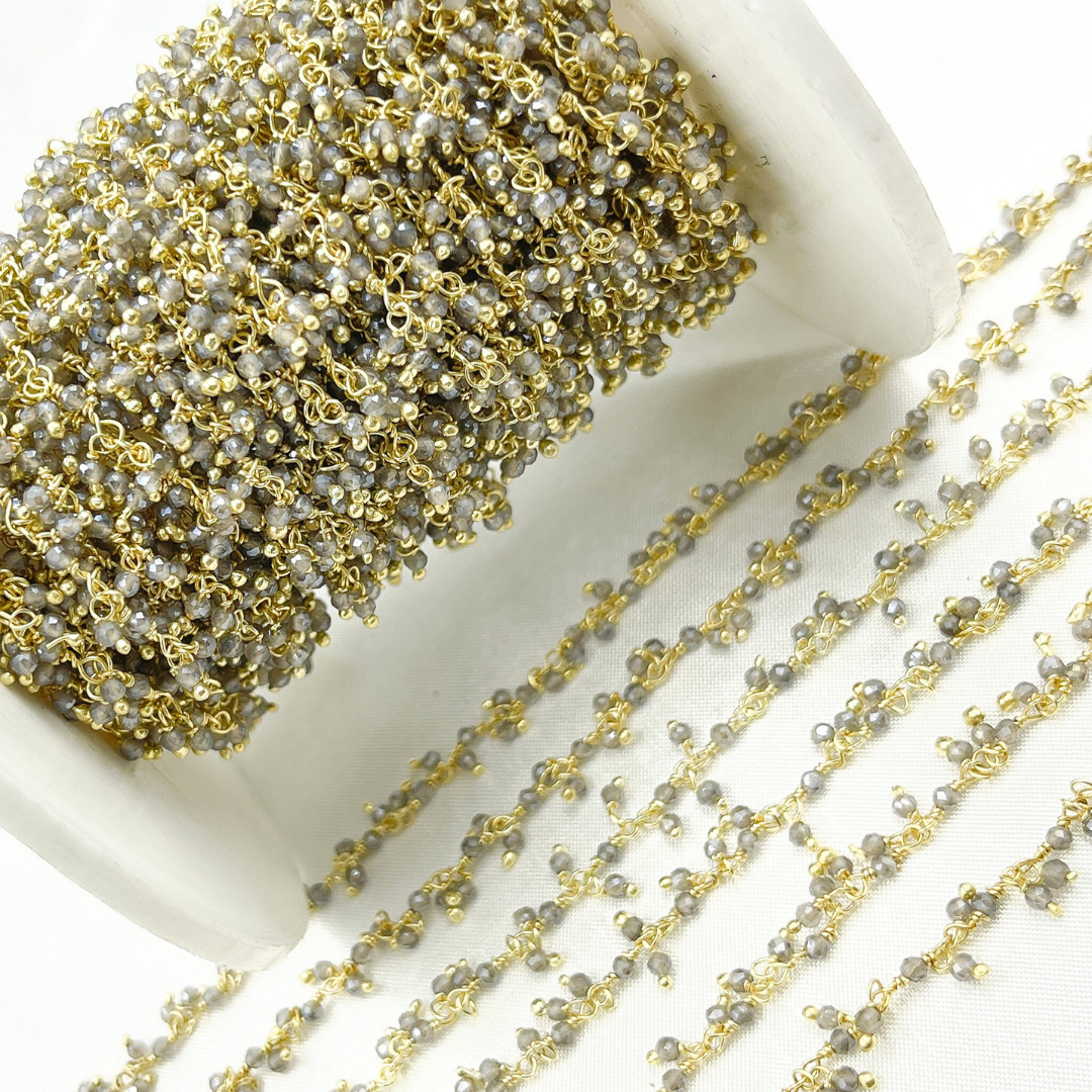Coated Grey Moonstone Cluster Dangle Gold Plated Wire Chain.